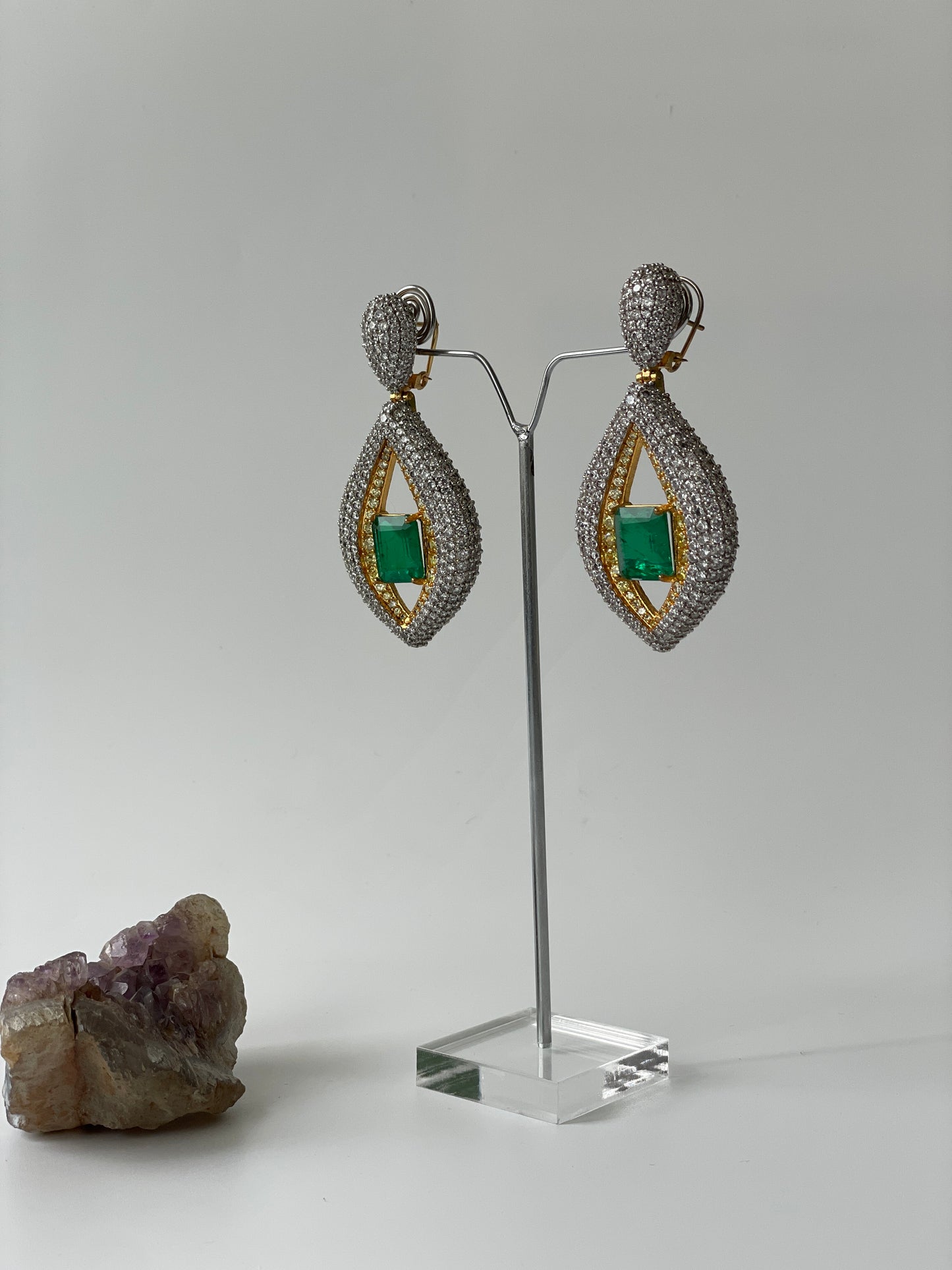 Emerald Doublet with Zircon All Over Earrings in Two Tone Finish