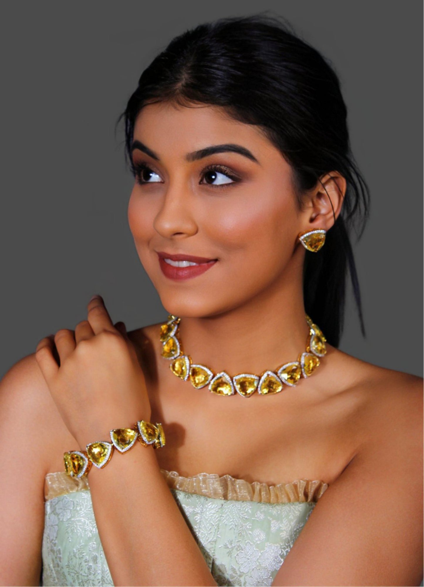 Gold Finish Chunky Doublet Necklace with Studs and Bracelet