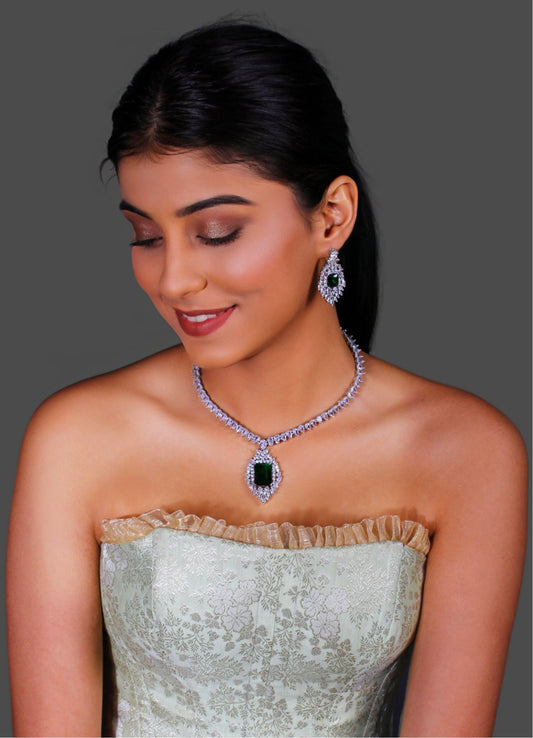 Green Emerald Cut Center and Zircon Studded Necklace Set