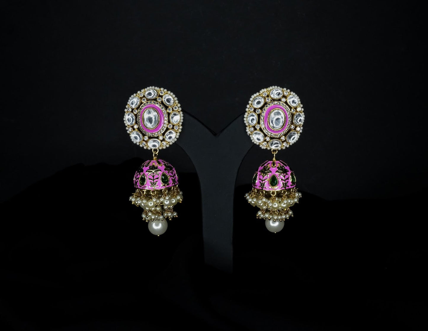 Pink Meenakaari Kundan Jhumkas