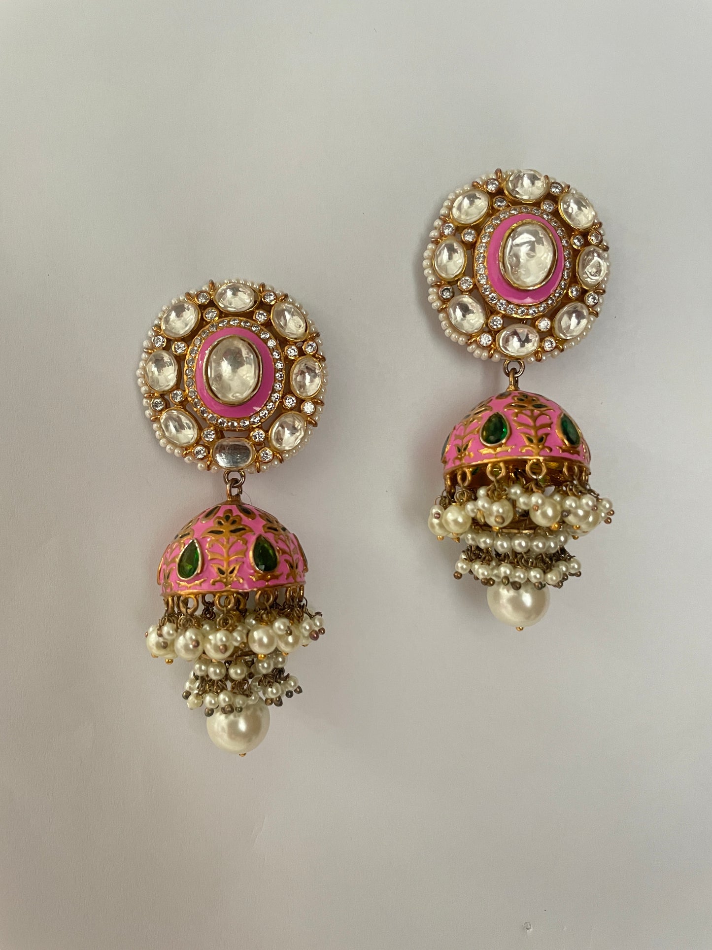 Pink Meenakaari Kundan Jhumkas