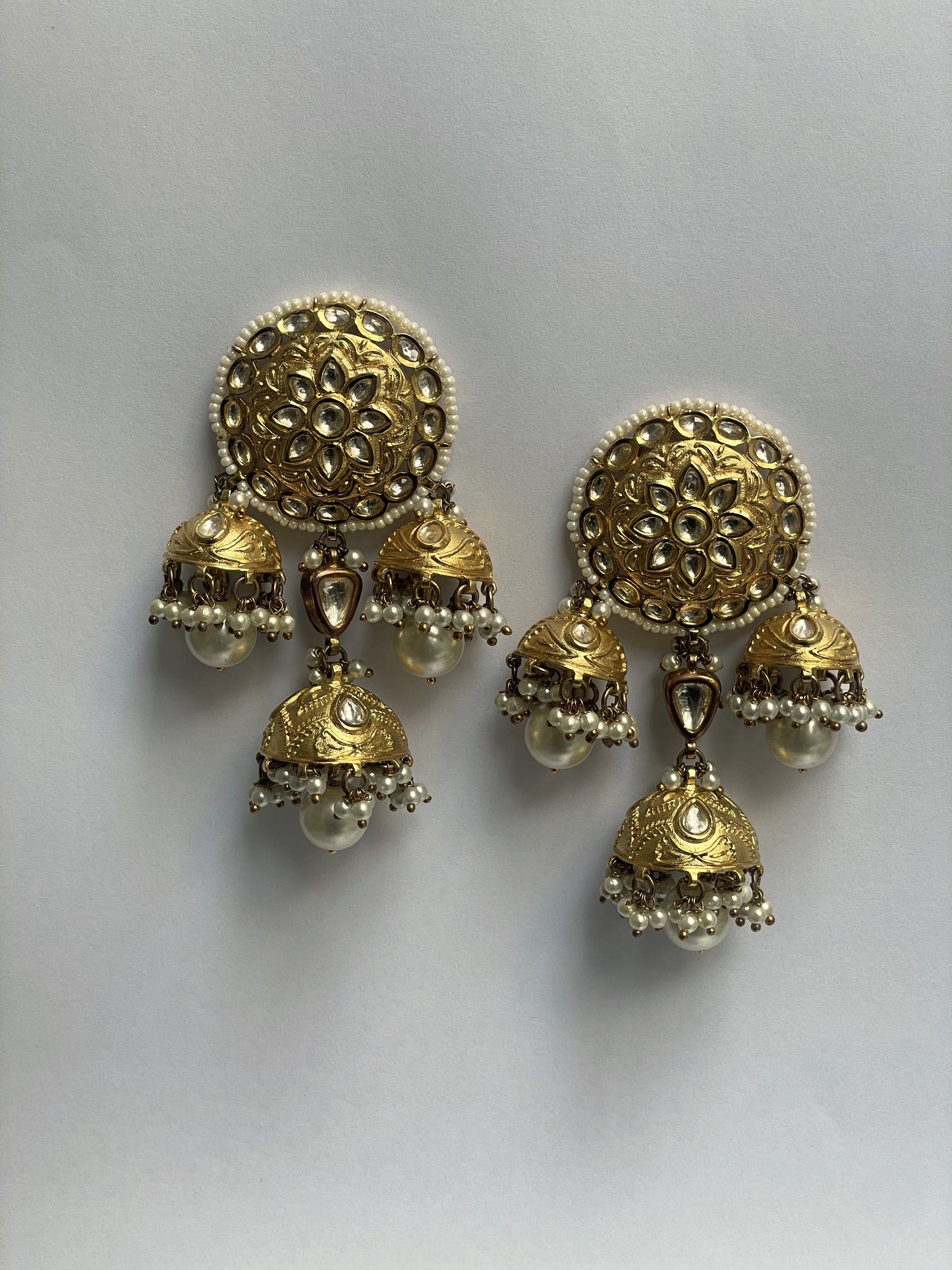 Gold-Plated Earrings With Three Jhumka Drops