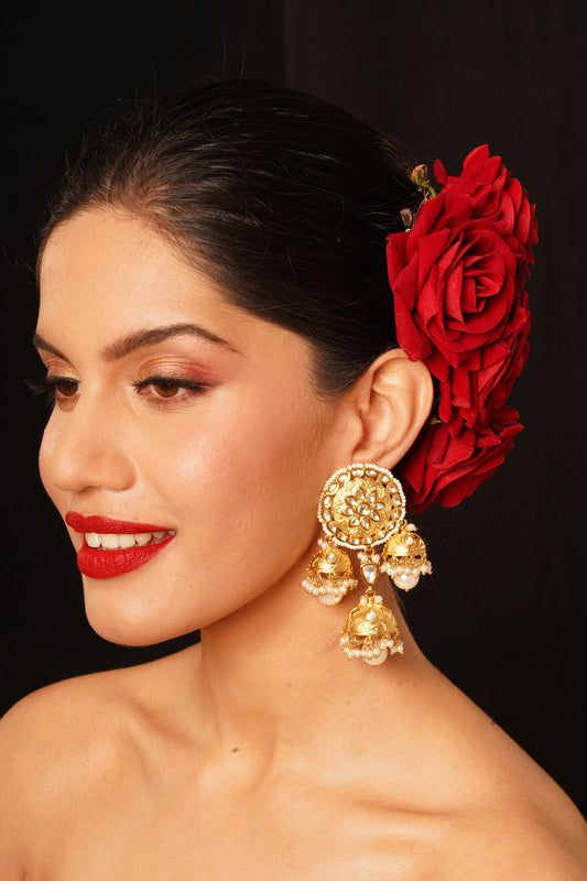 Gold-Plated Earrings With Three Jhumka Drops