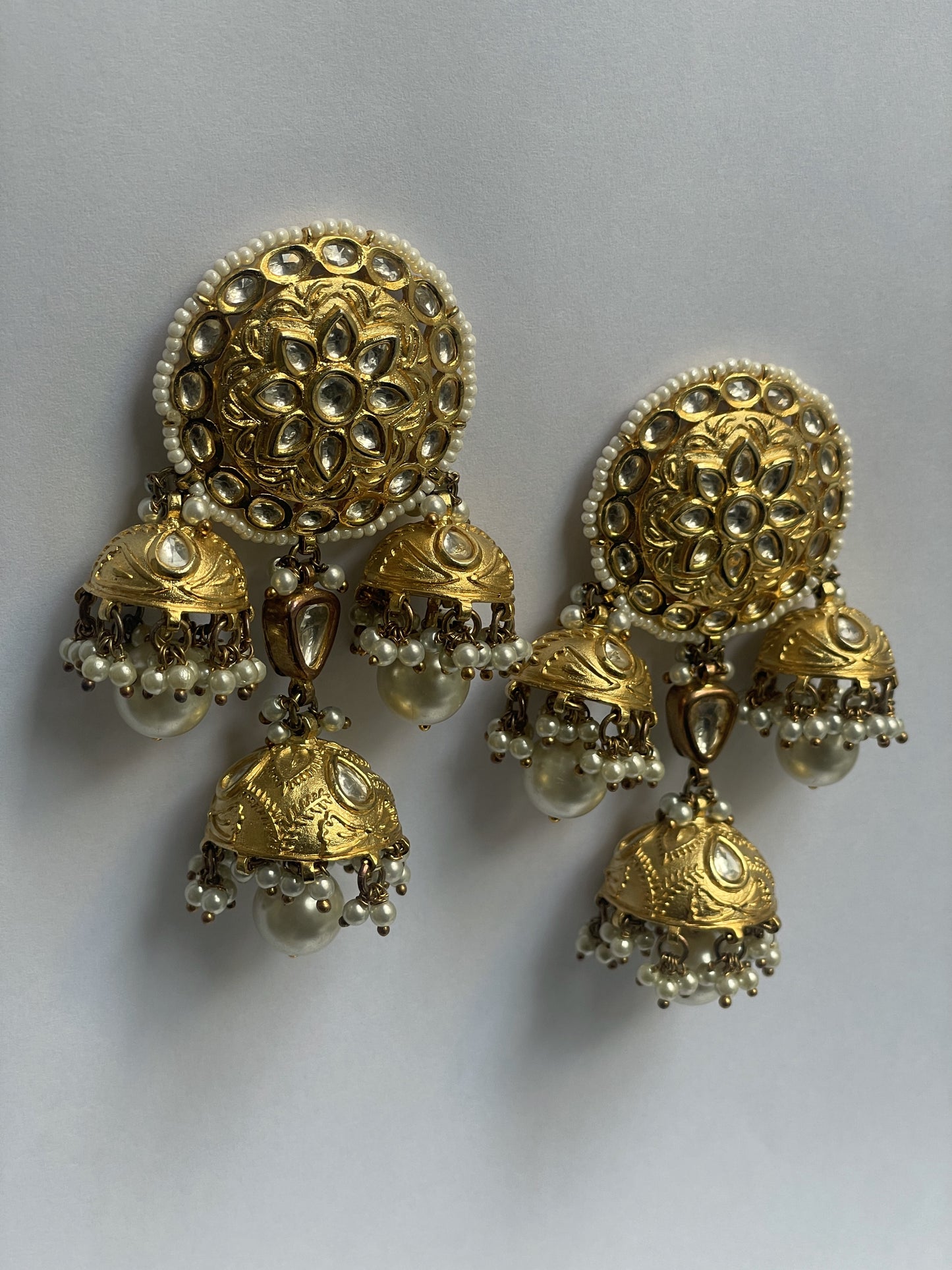 Gold-Plated Earrings With Three Jhumka Drops