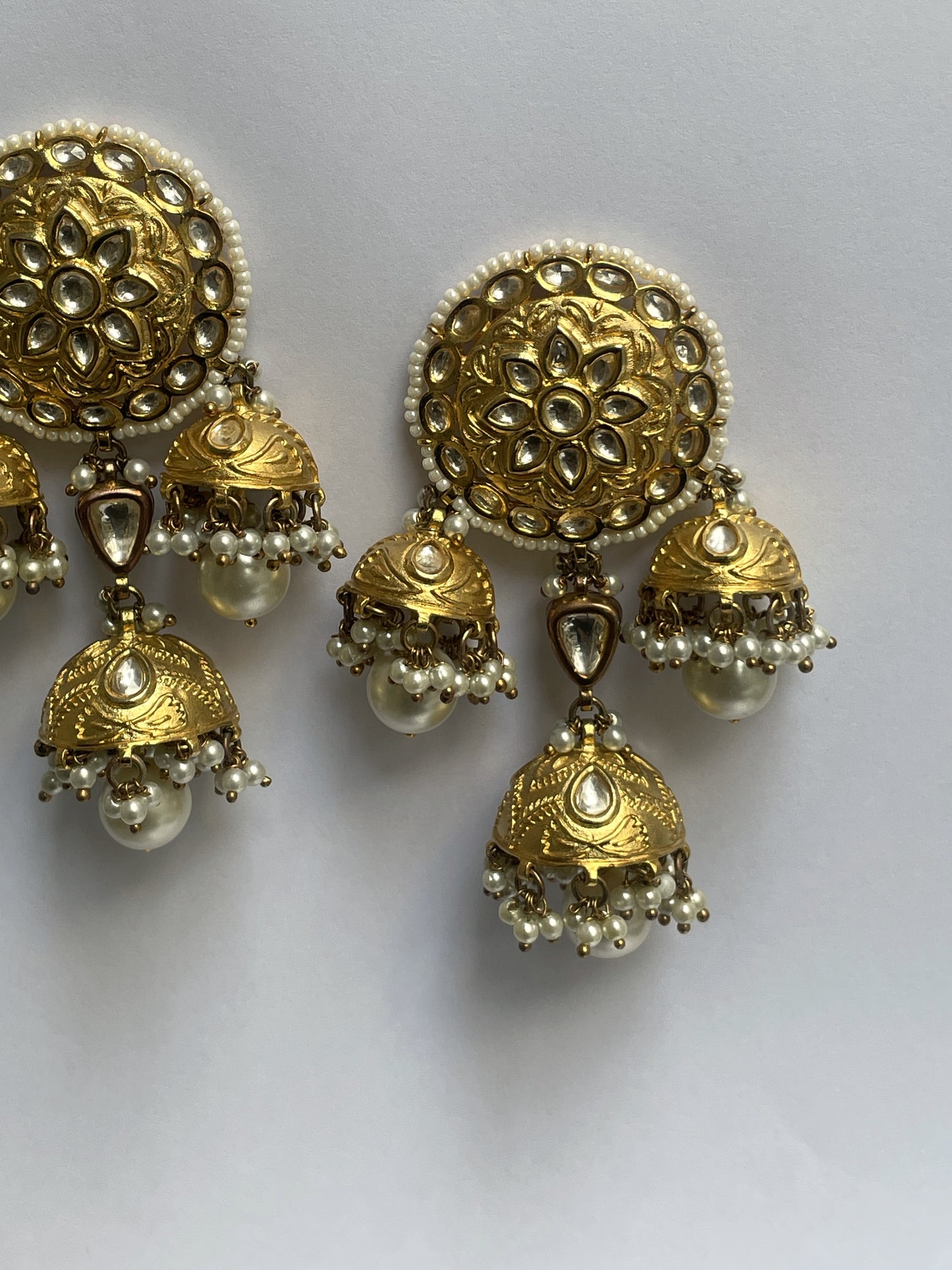 Gold-Plated Earrings With Three Jhumka Drops