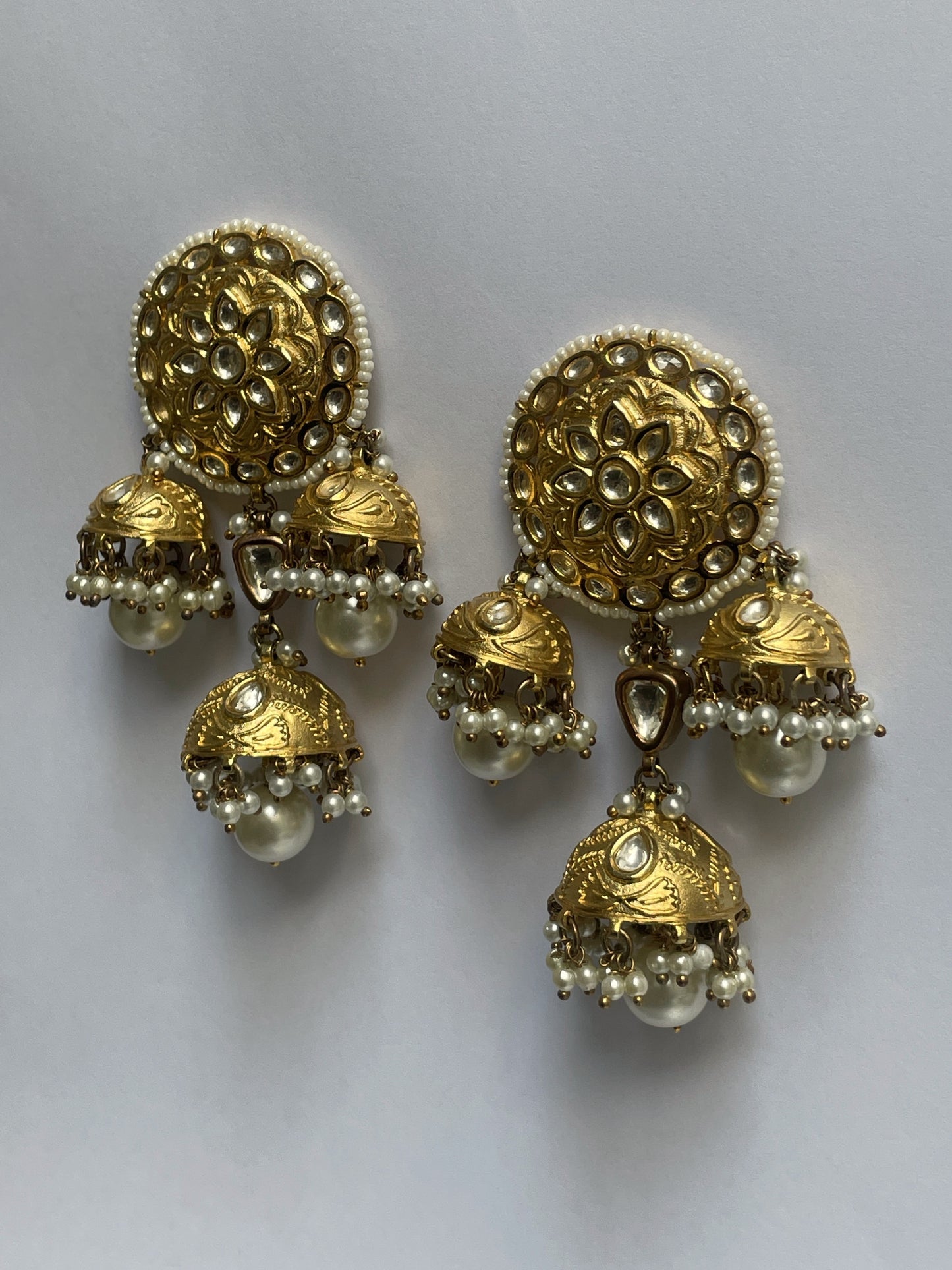 Gold-Plated Earrings With Three Jhumka Drops