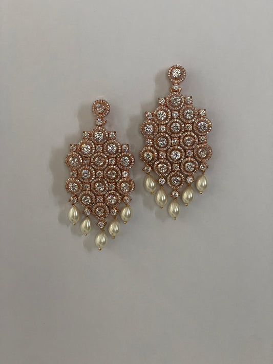 Rose Gold Finish Zircon Danglers with Pearl Drops