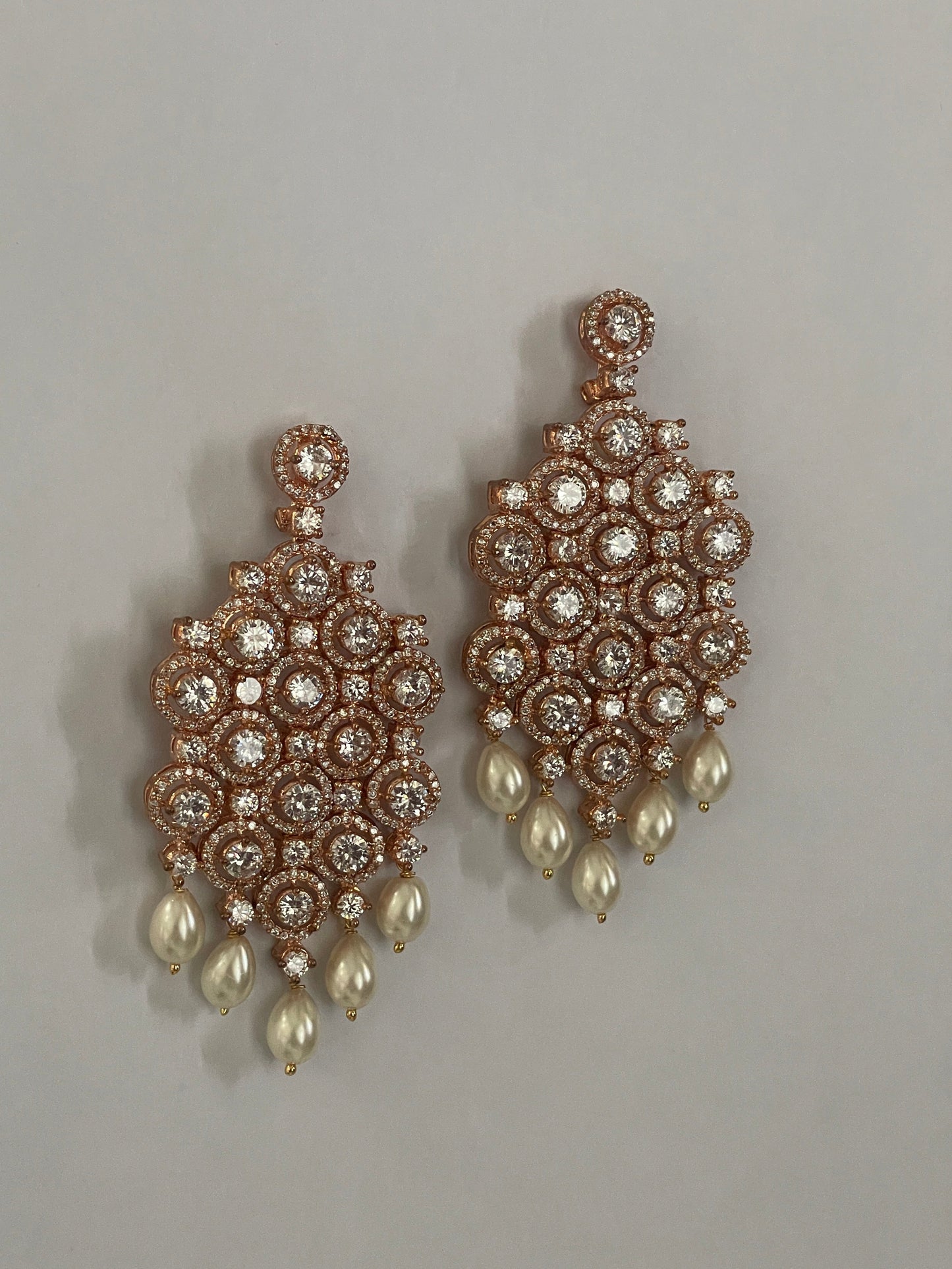 Rose Gold Finish Zircon Danglers with Pearl Drops