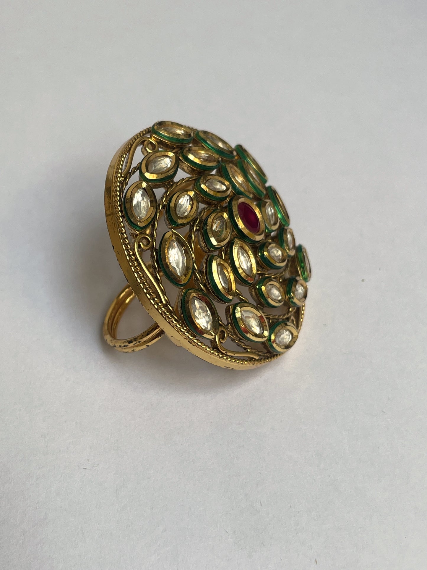 Gold Plated Ring With Kundan and Red Center Stone