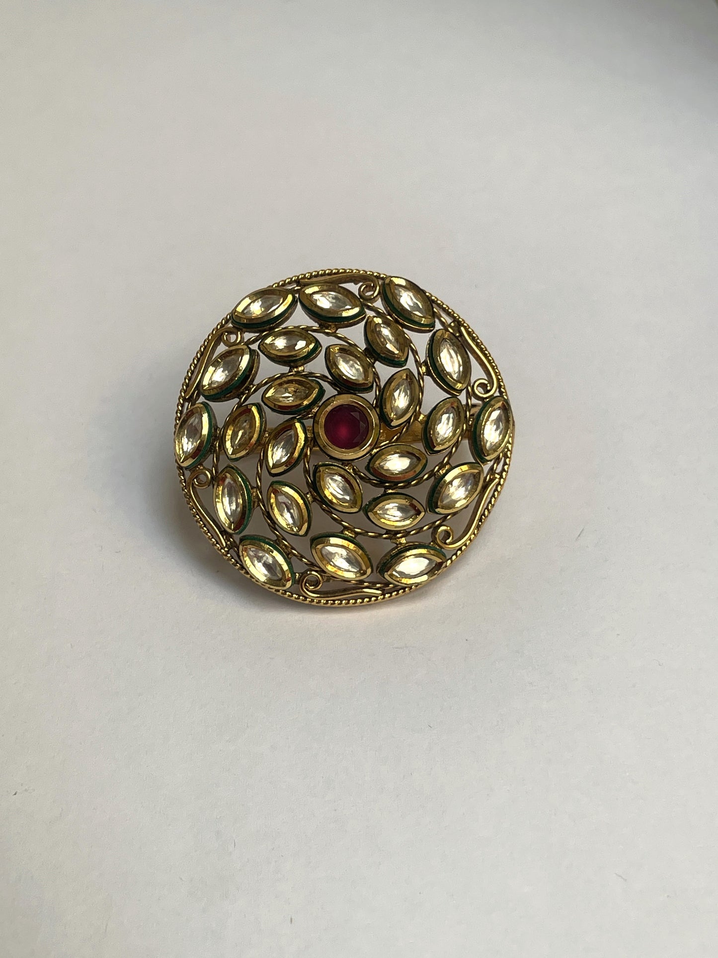 Gold Plated Ring With Kundan and Red Center Stone