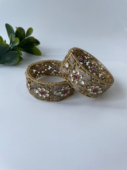 Gold Finish Zircon and Kundan Studded Broad Bangle