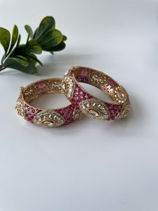 Gold Finish Enamelled Kundan Bangle Set of Two