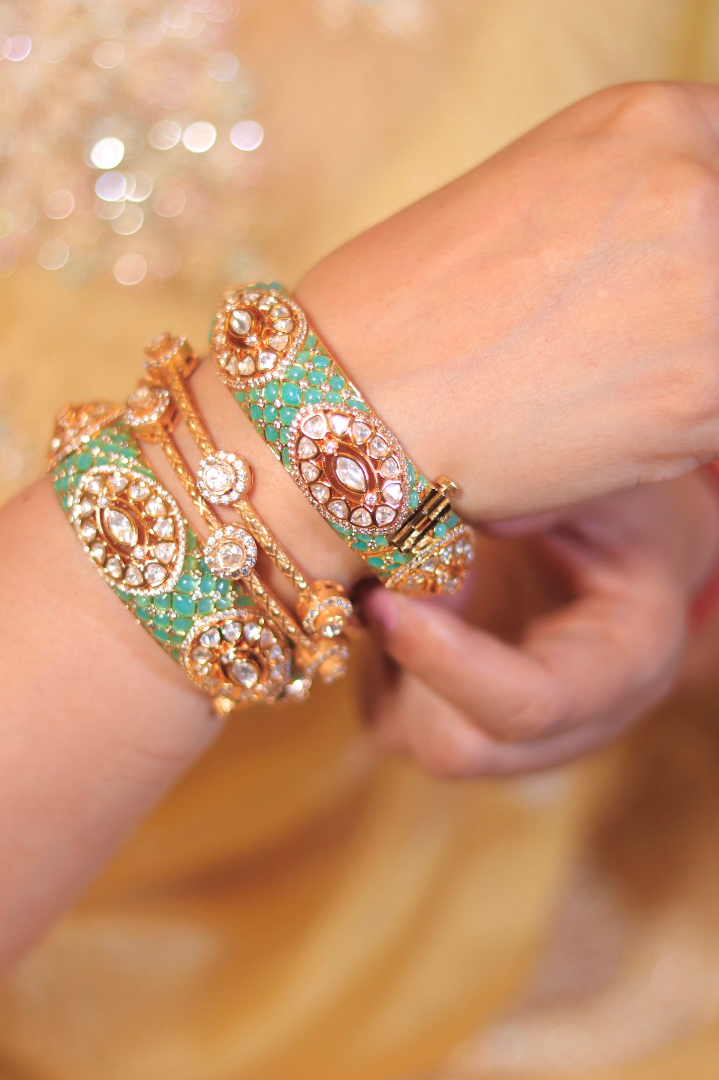 Matte Gold Finish Texture Kundan Bangle Set