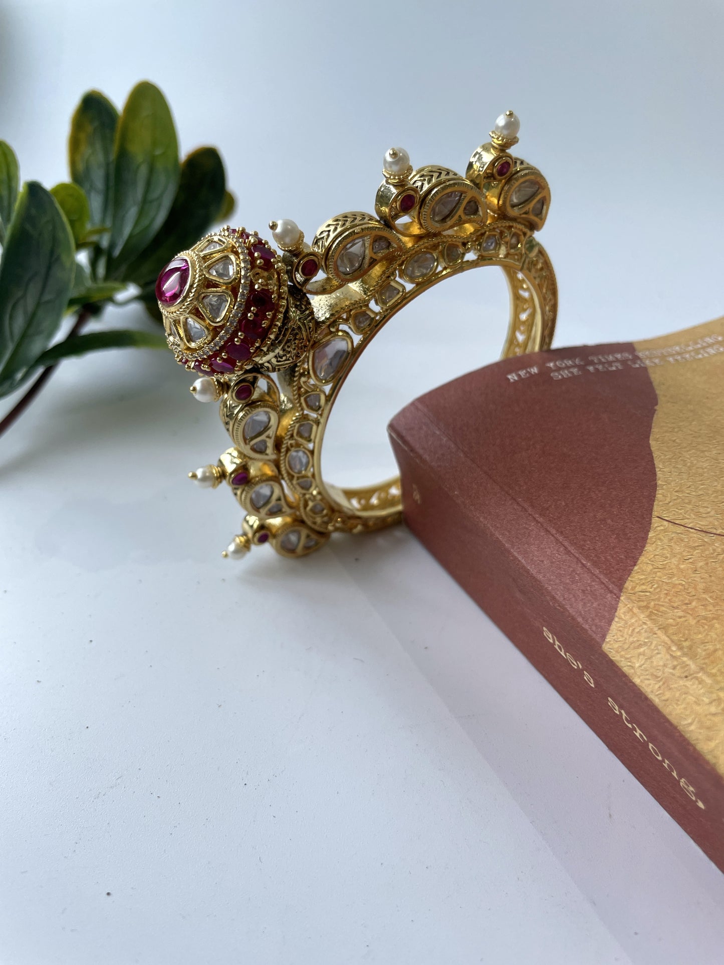 Gold Finish Traditional Kundan and Pearl Bangle