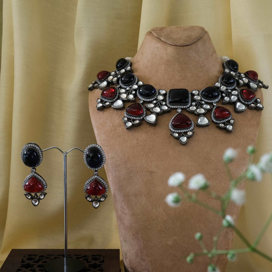 Chunky Red and Blue Stone Black Plated Exquisite Kundan Necklace SetStudio6Jewels