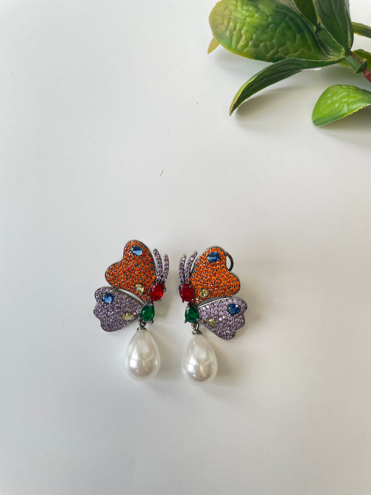 Butterfly Motif Colorful Zircon Studded Earrings with Pearl Drop