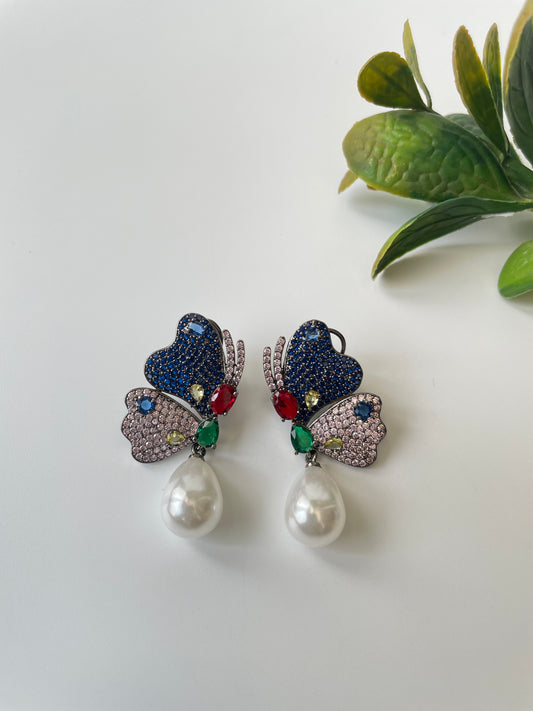 Butterfly Motif Colorful Zircon Studded Earrings with Pearl Drop