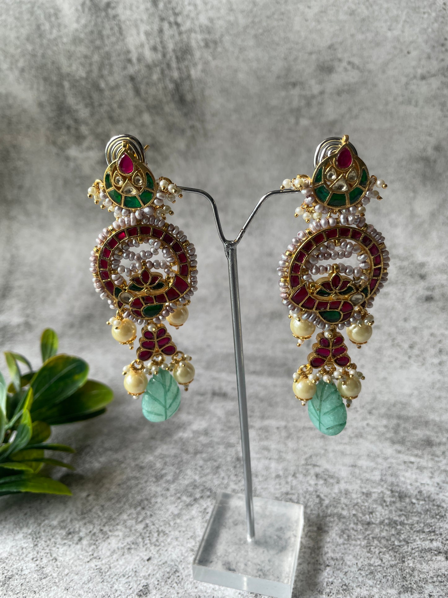 Minimal Earring Studded with Kundan, Pearls and Aqua Dangling Bead