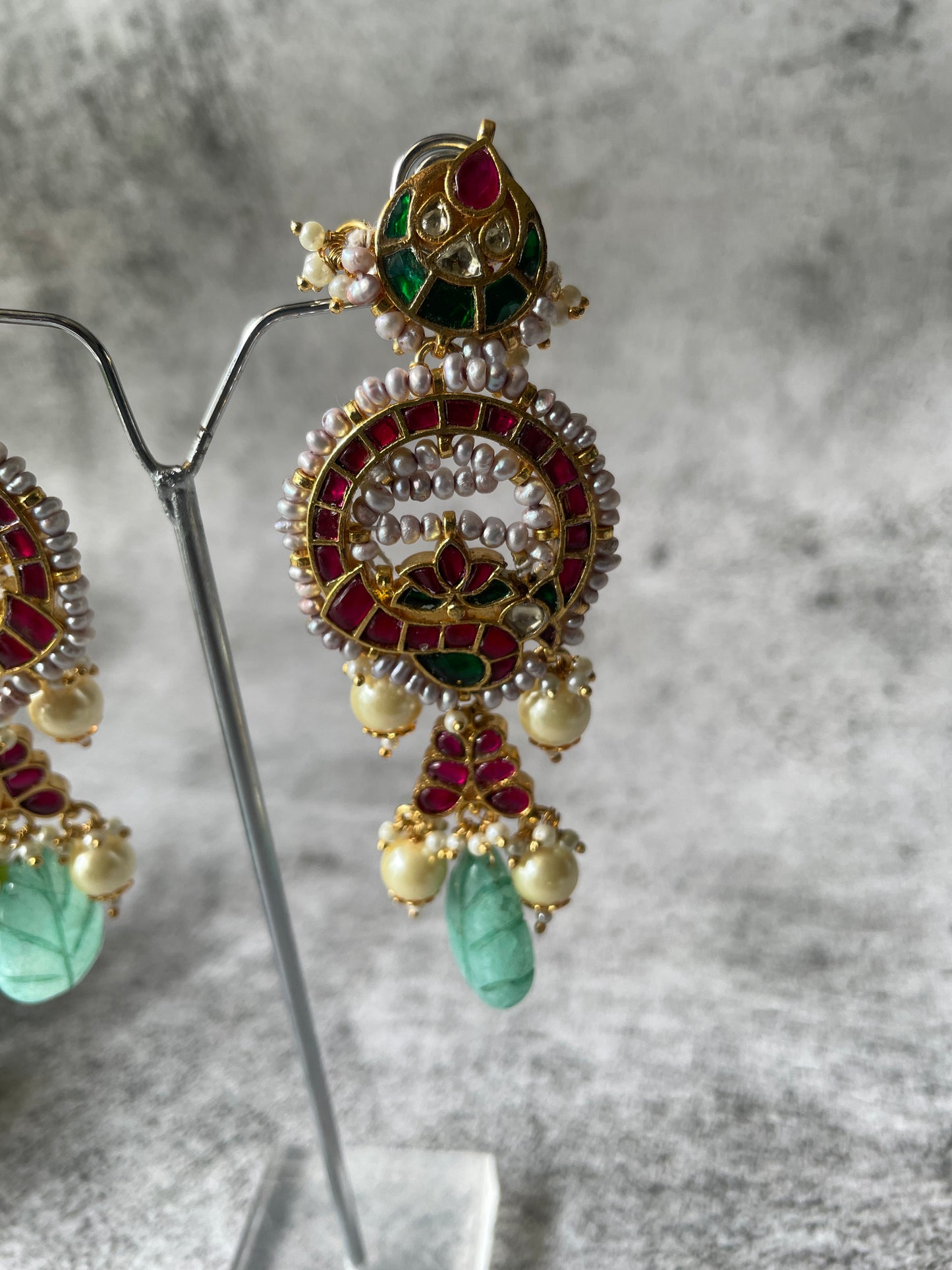 Minimal Earring Studded with Kundan, Pearls and Aqua Dangling Bead