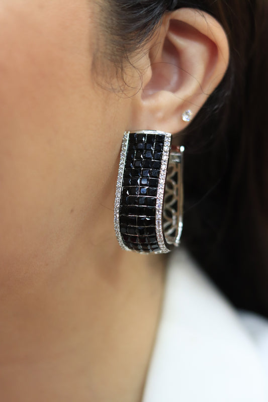 Princess Cut Black Zircon Hoops with Accented Border