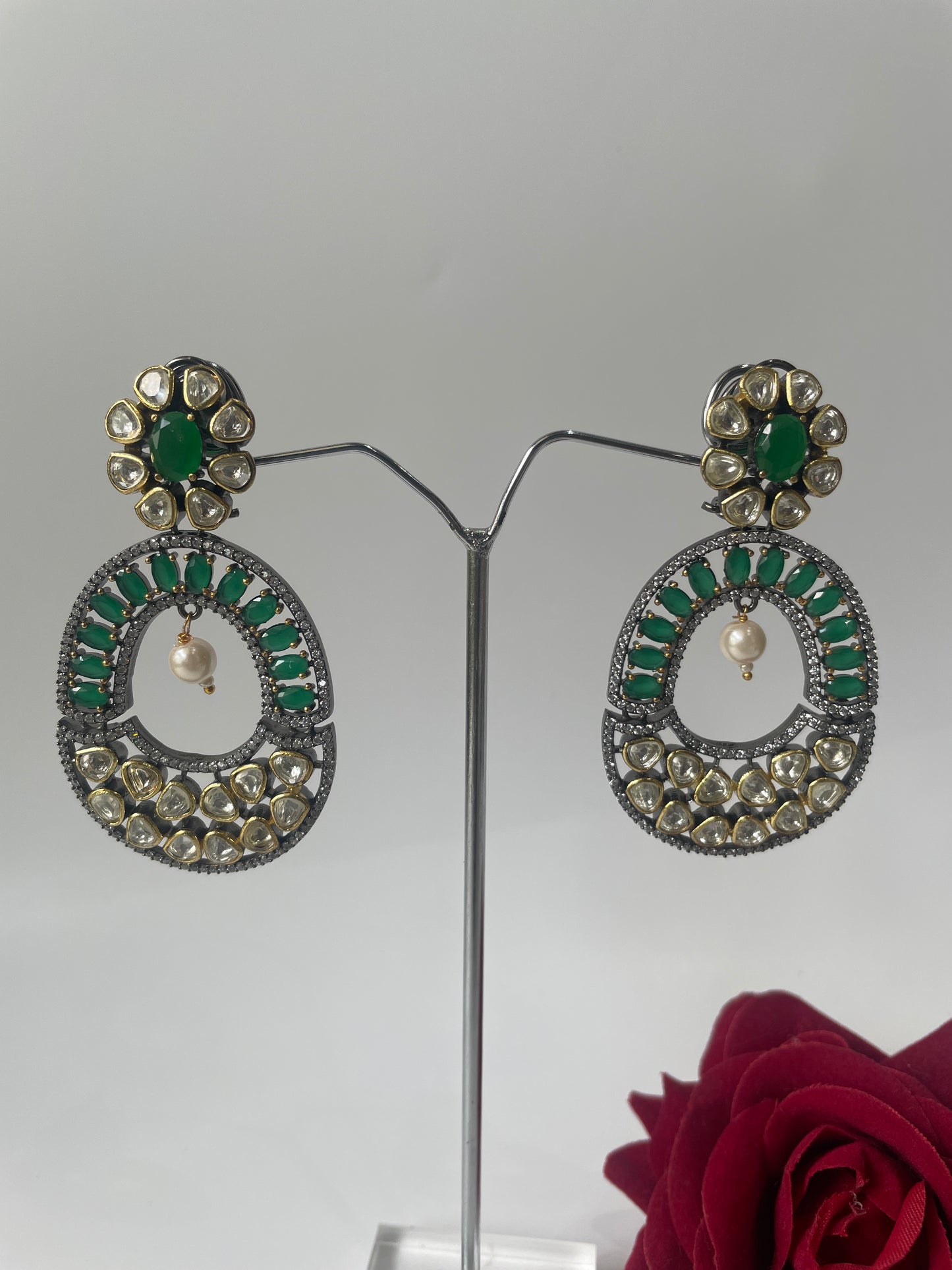 Zircon Studded Dangler Earrings with Green Stones and Pearl