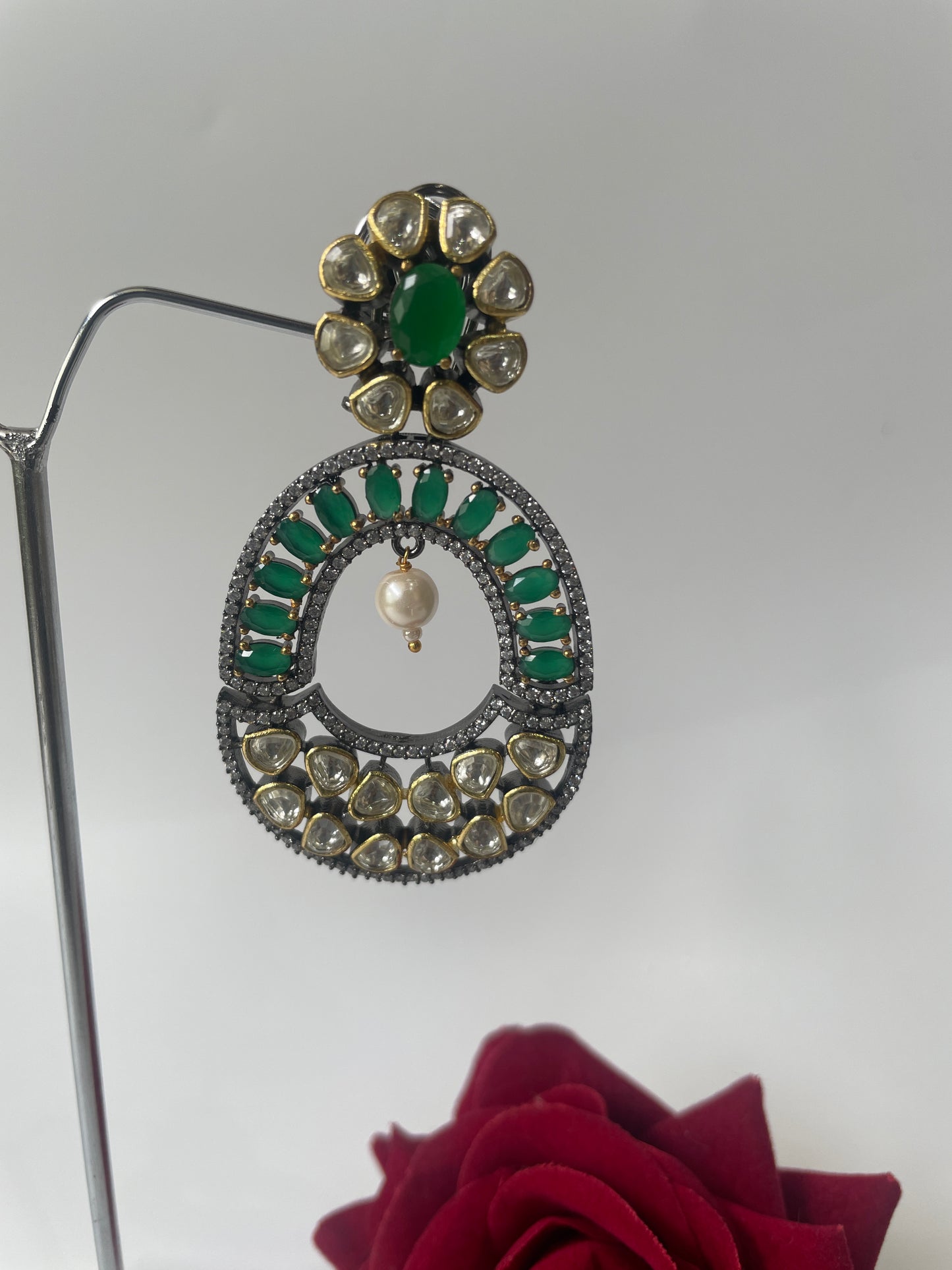 Zircon Studded Dangler Earrings with Green Stones and Pearl