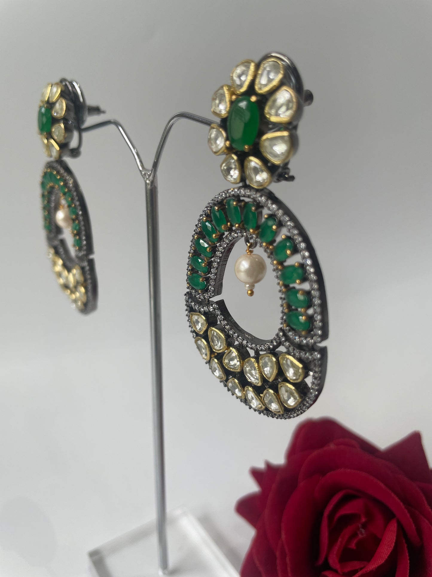 Zircon Studded Dangler Earrings with Green Stones and Pearl