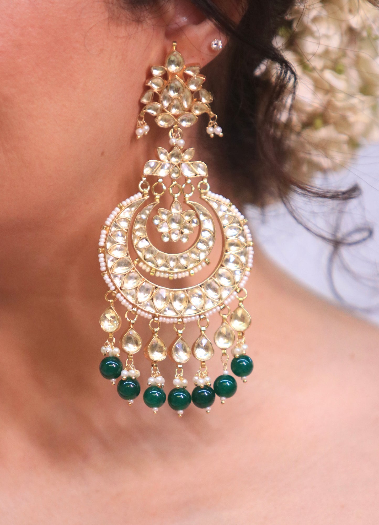 Gold Plated Layered Chunky Utsav Chandbaalis with Green Beads