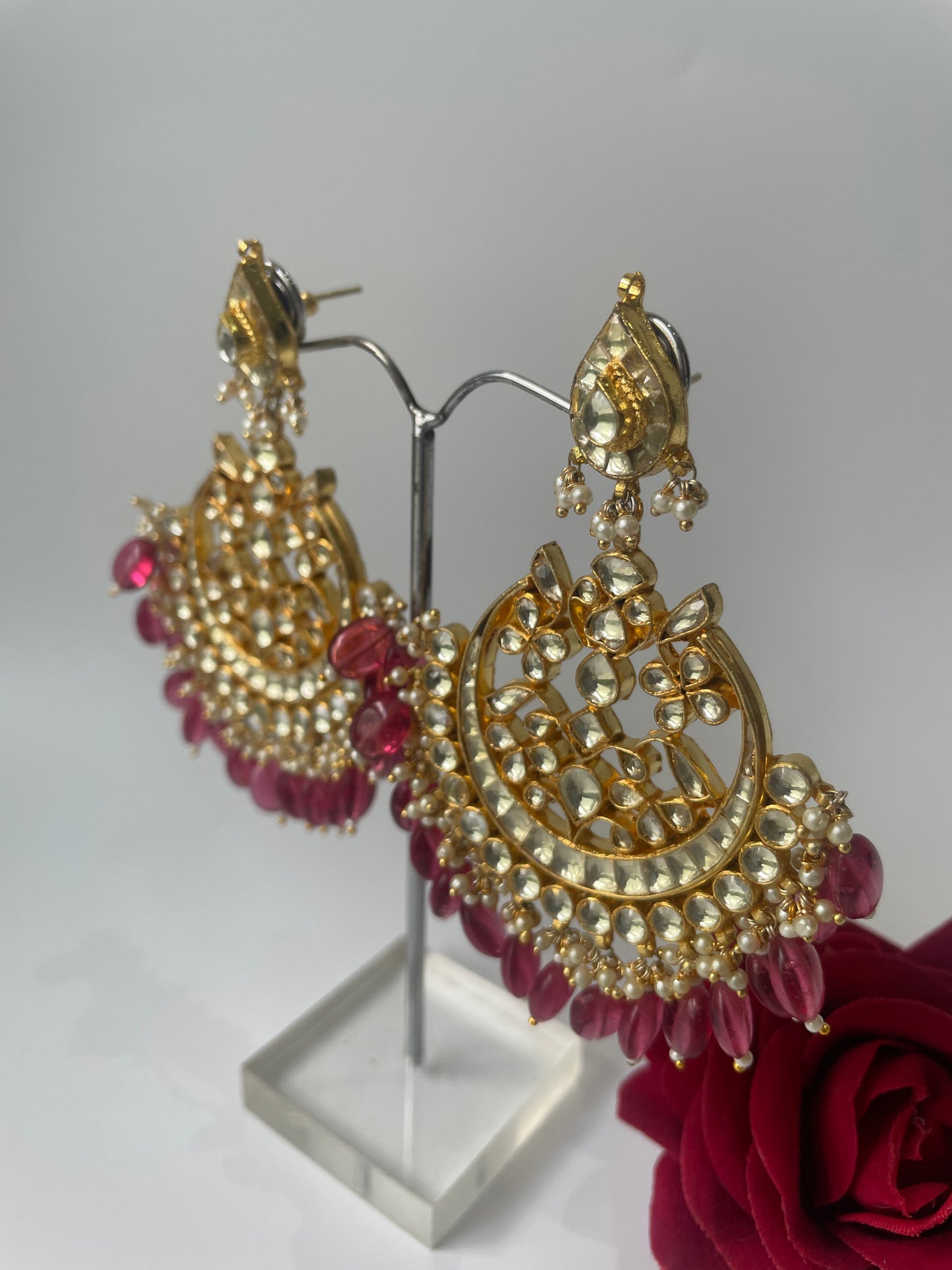 Long Kundan Chaandbaalis with Red Beads