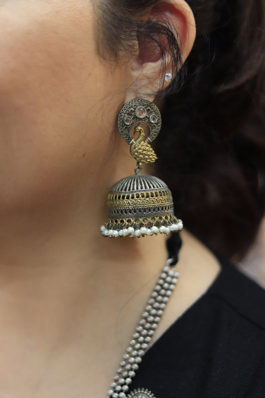 Oxidised and Antique Gold Finish Jhumka Earrings