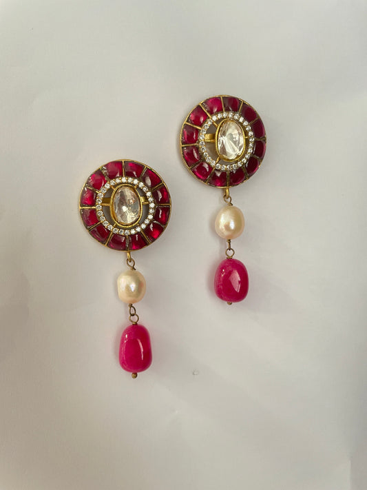 Pink Stone Studded Kundan Earrings