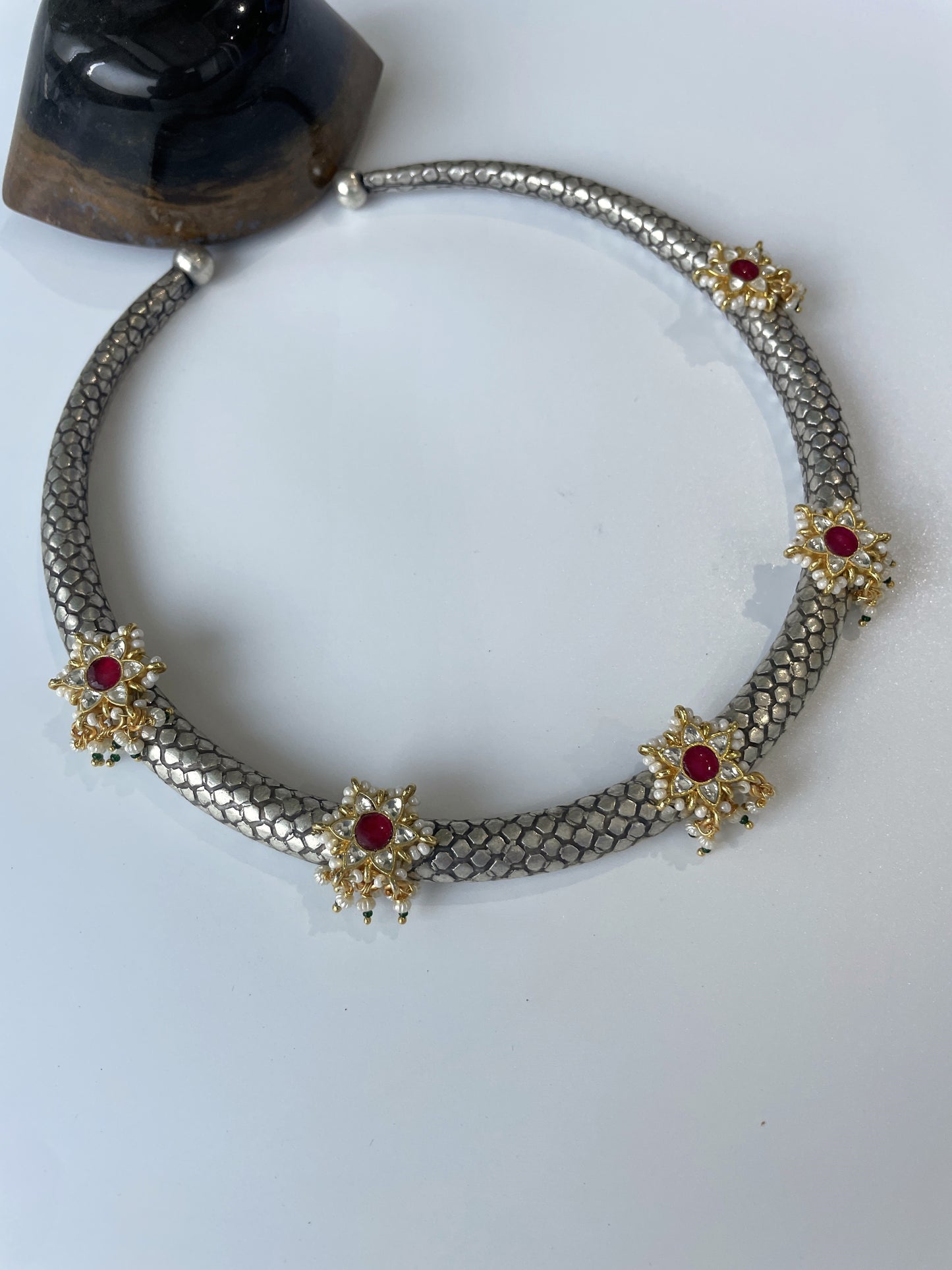 Oxidised Hasli Necklace with Kundan and Red Stones