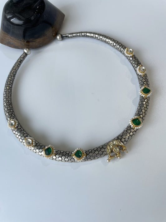 Oxidised Hasli Necklace with Kundan Studded Over