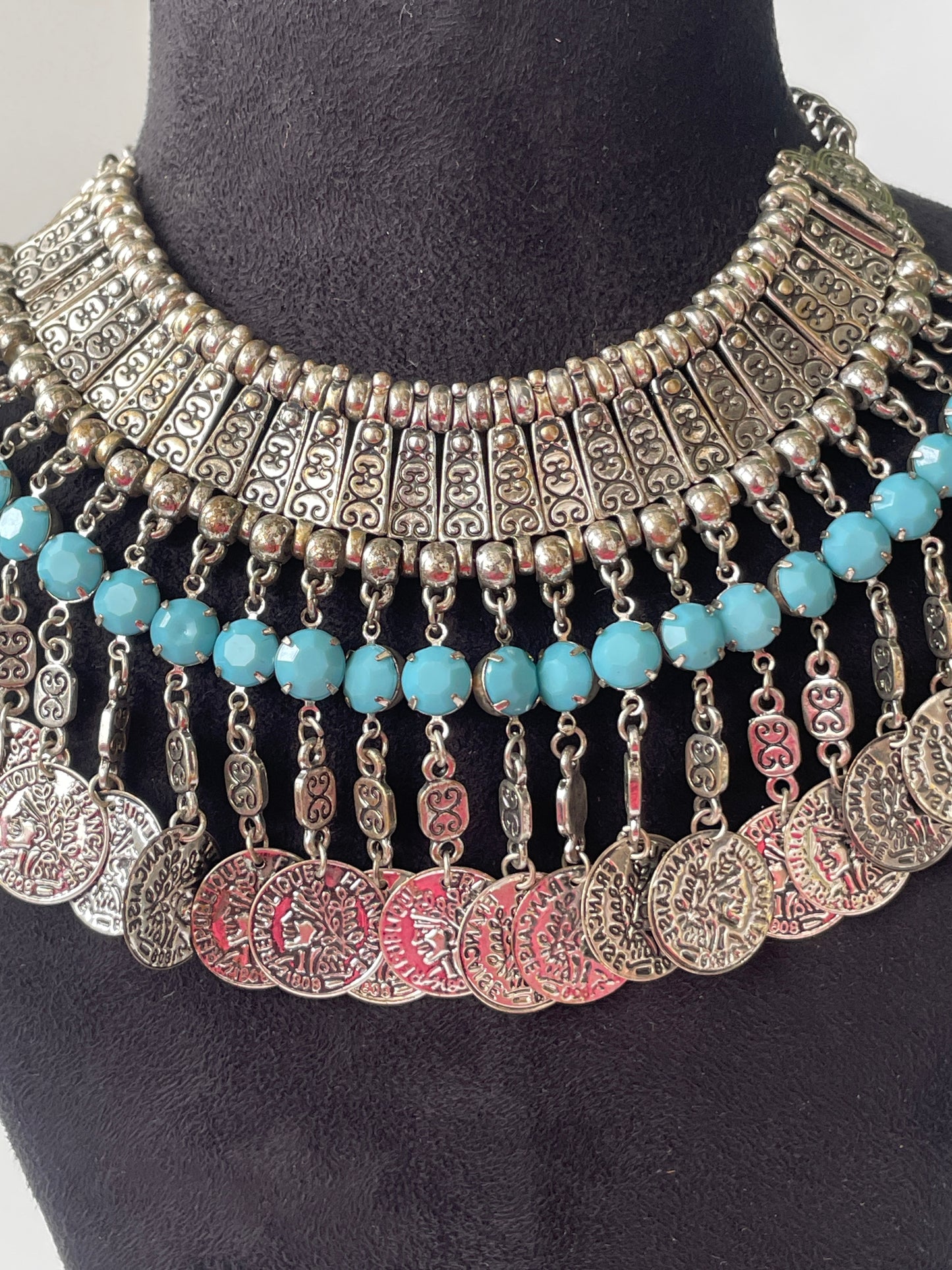 Oxidised Necklace with Coin Motifs and Turquoise Accents