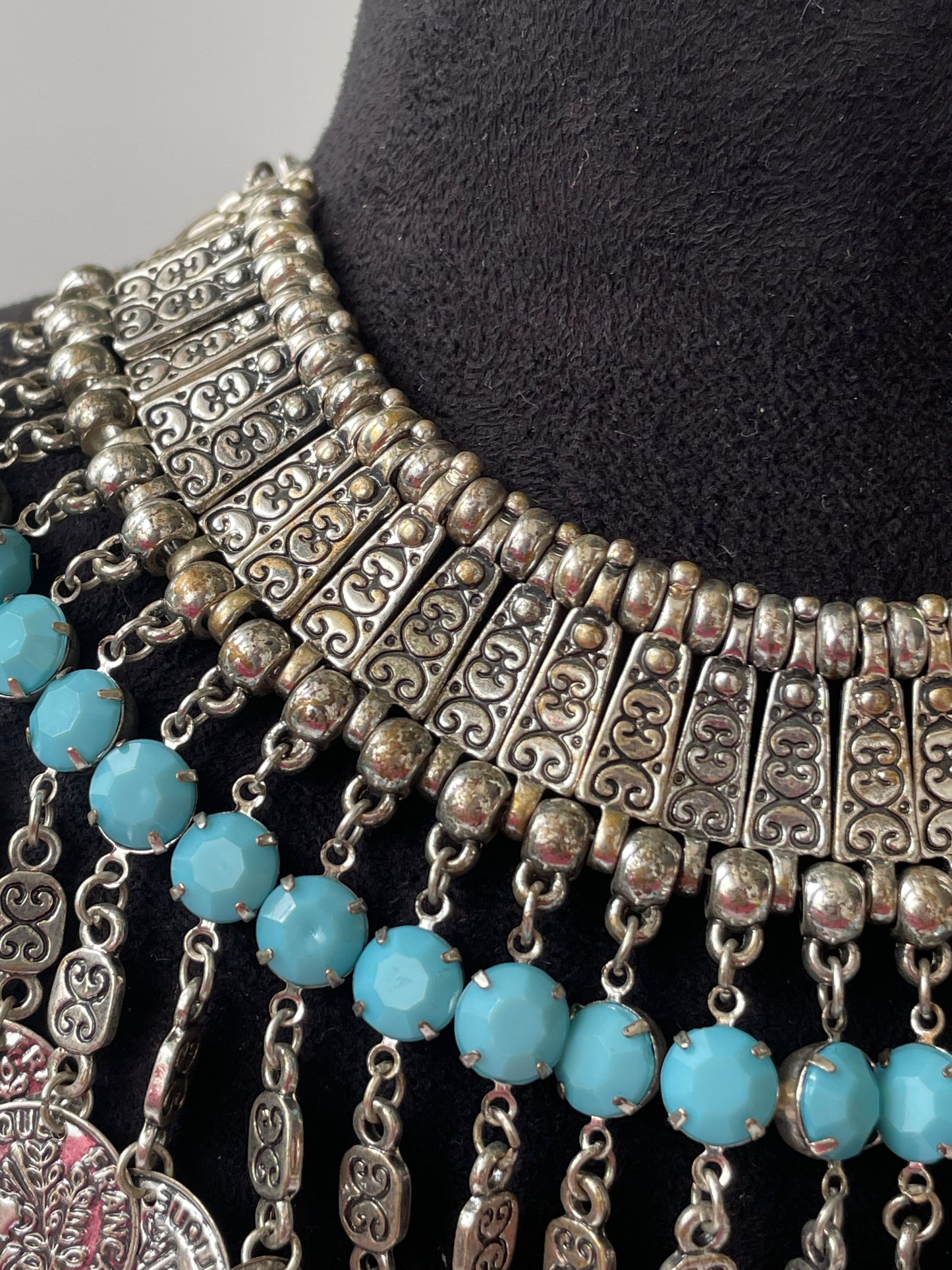 Oxidised Necklace with Coin Motifs and Turquoise Accents