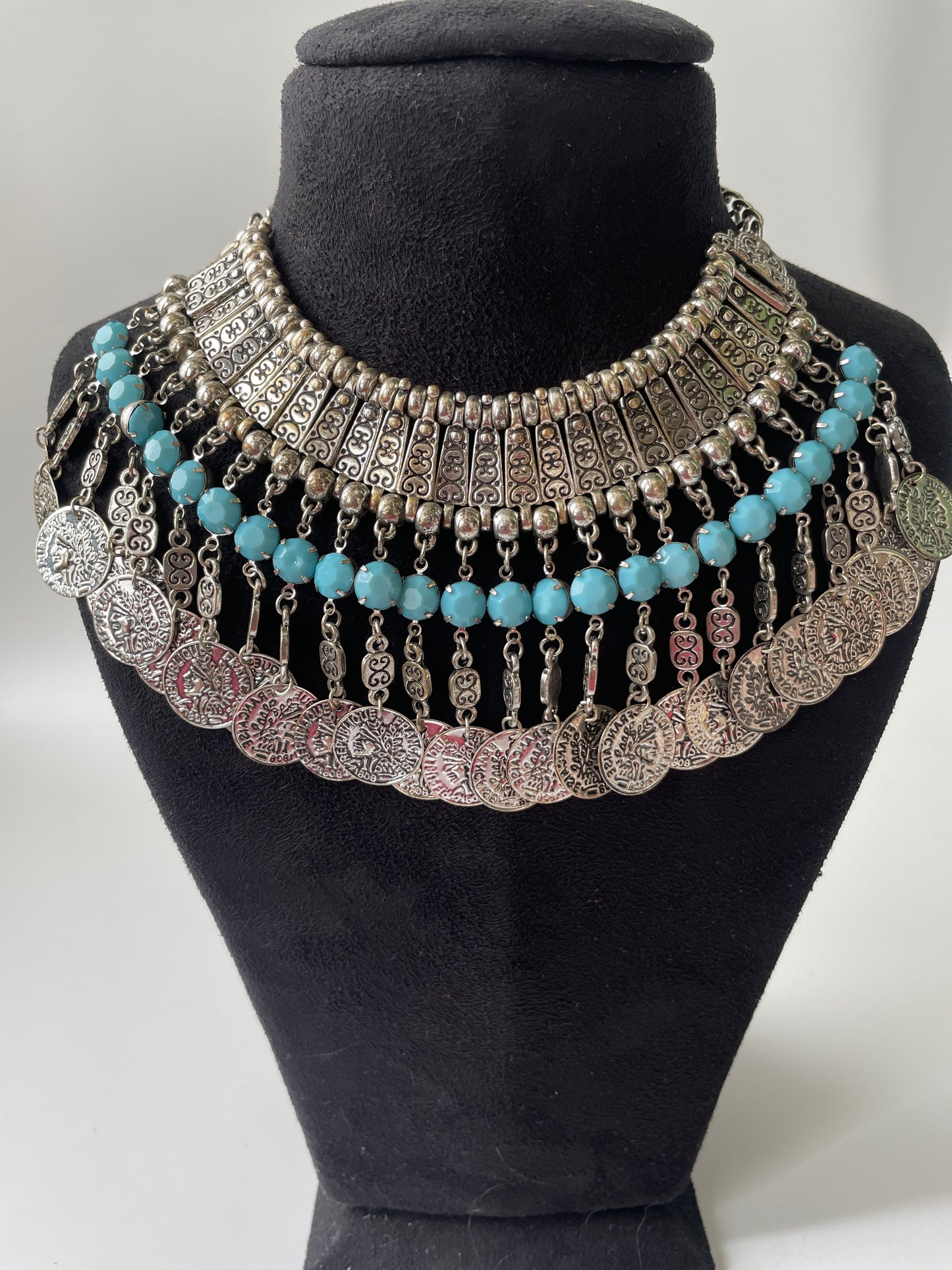 Oxidised Necklace with Coin Motifs and Turquoise Accents