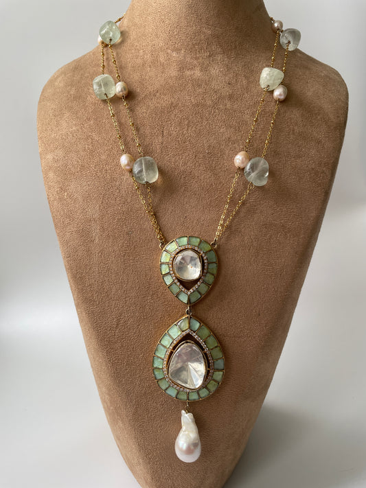 Pastel Enamelled Kundan Necklace with Pearl Drop