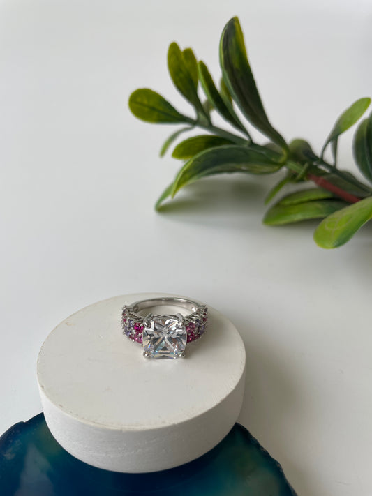 White Finish Solitaire Ring with Colored Stone Details