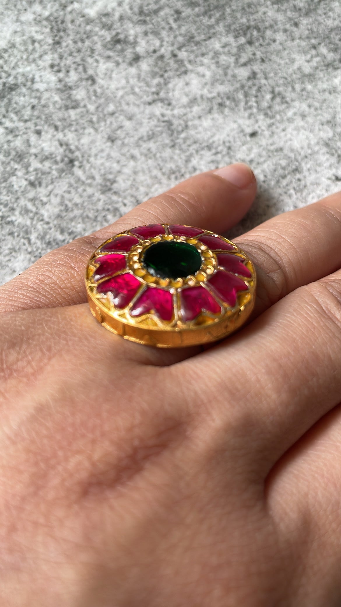 Matte Gold Finish Green and Red Stone Ring