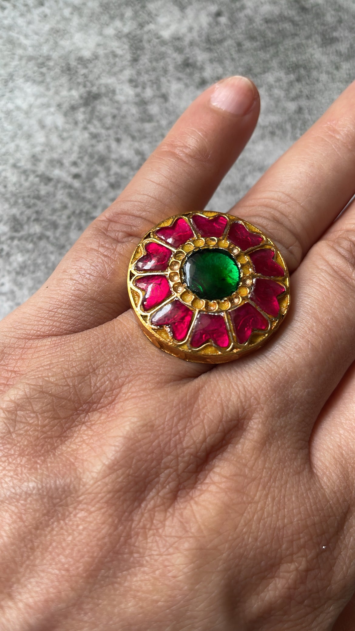 Matte Gold Finish Green and Red Stone Ring