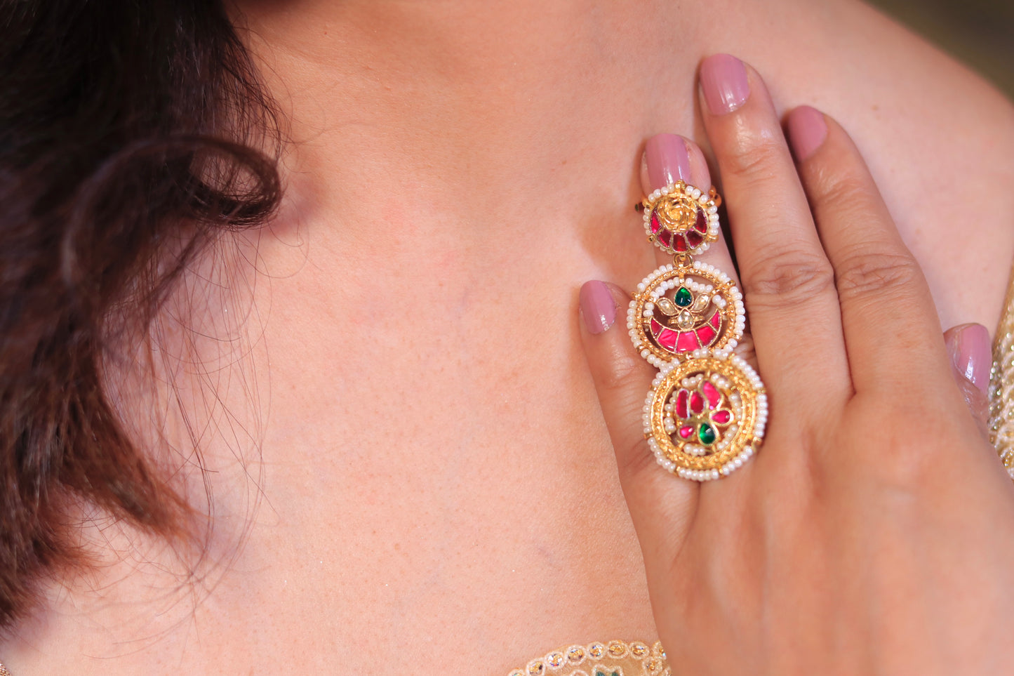 Semi Precious Stone Studded Kundan Layered Ring