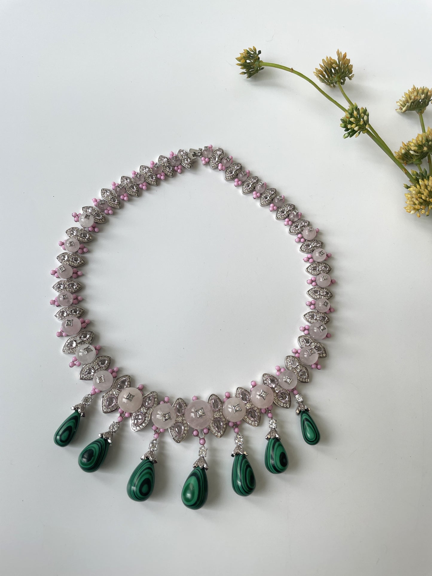 White Finish Pastel Pink Stone Necklace with Malachite and Zircon