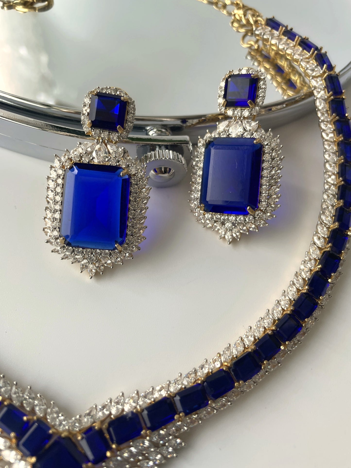 Crystal Studded Exquisite Necklace Set with Royal Blue Stone