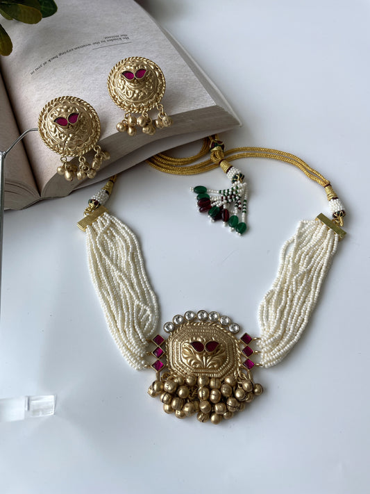 Gold Finish Temple Motif Pearl Necklace Set