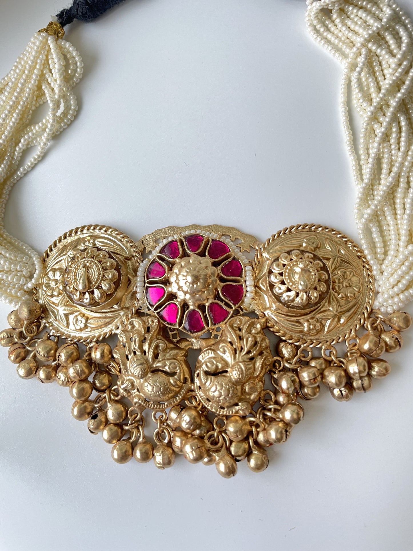Temple Motif Traditional Necklace Set with Pearls