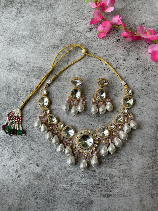Gold Plated Kundan Necklace Set with Baroque Pearl Drops