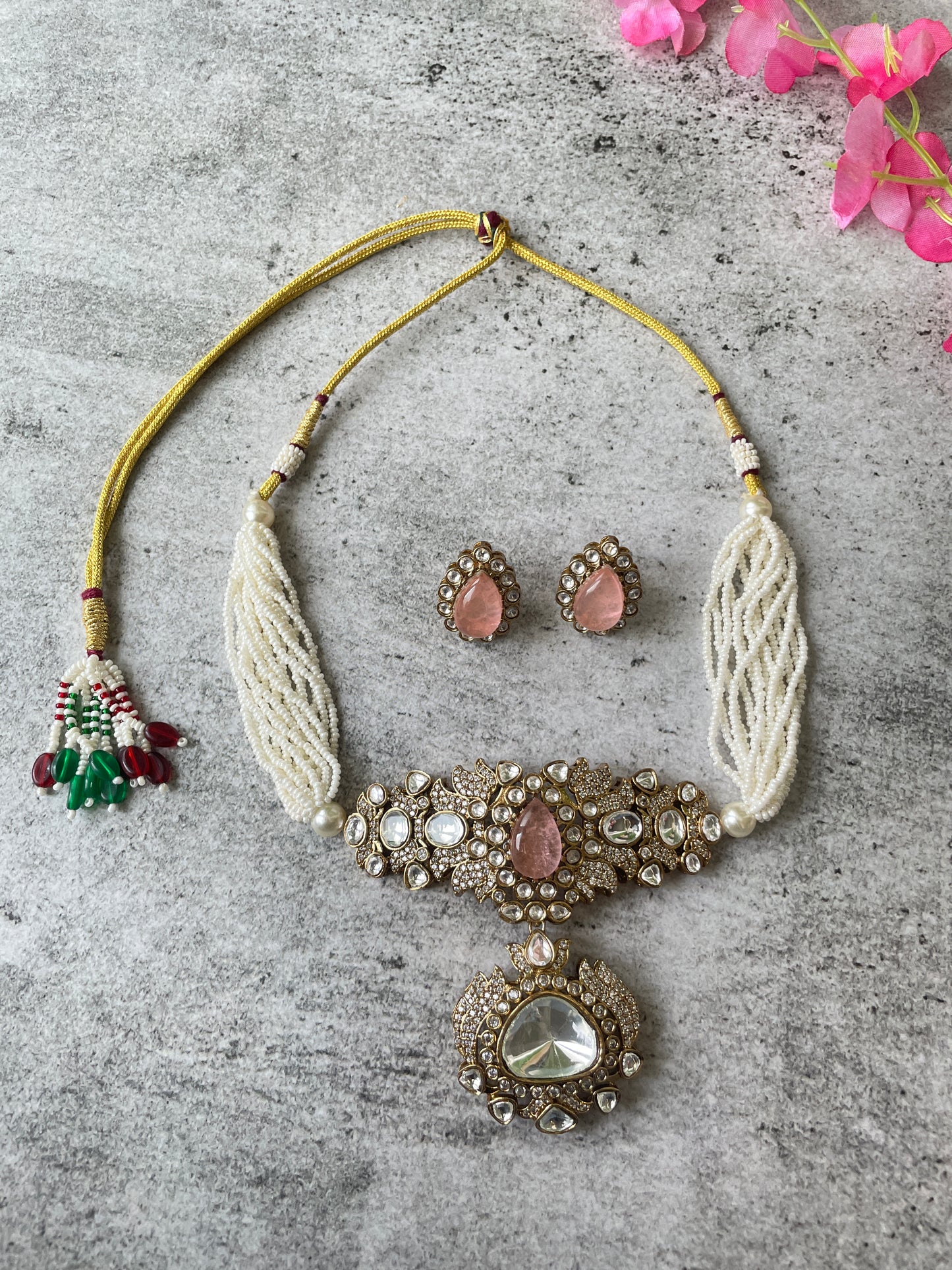 Necklace Set with Antique Finish Kundan and Vibrant Stone studded with Pearls
