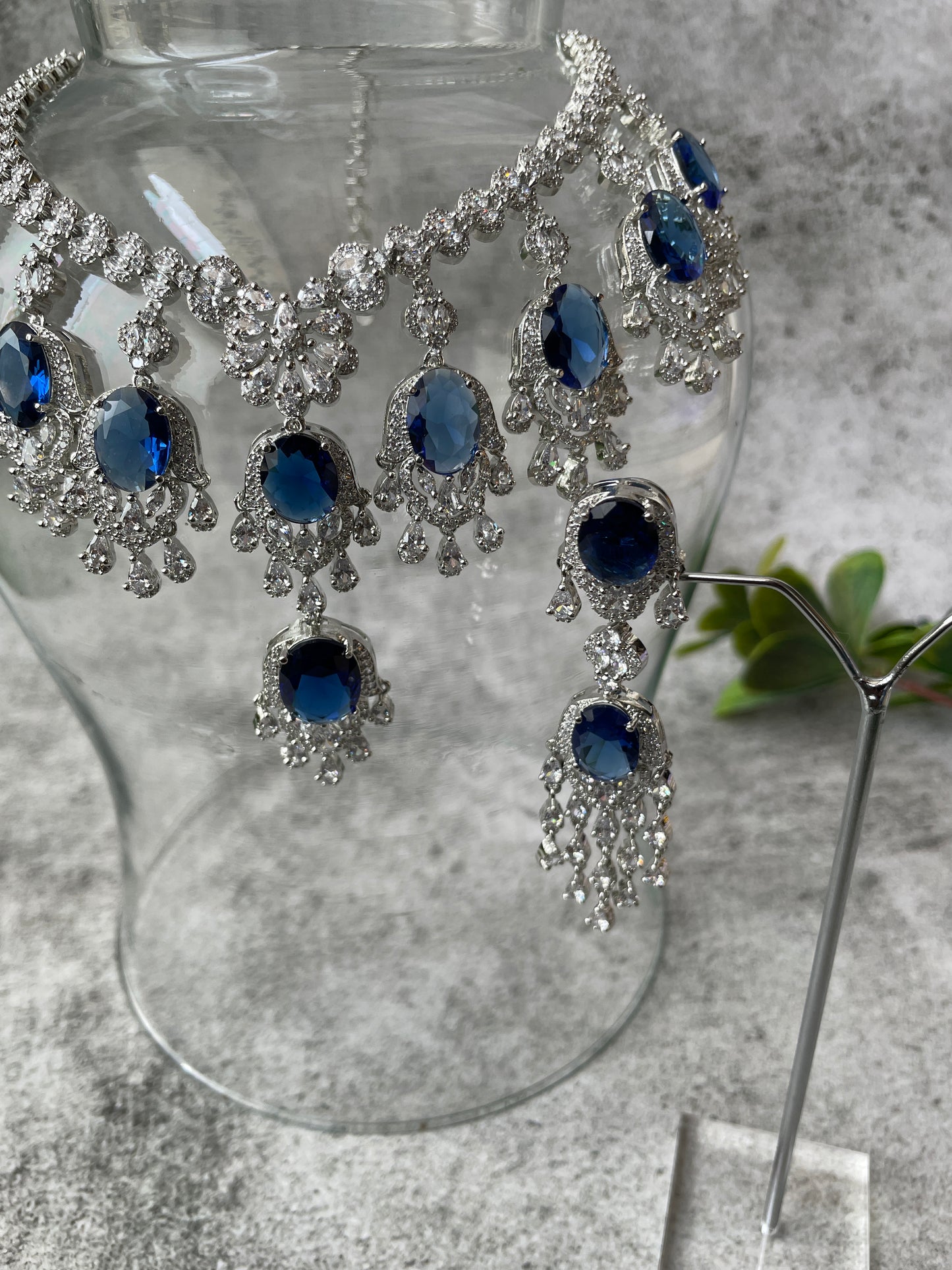 White Finish Blue Stone and Zircon Necklace Set