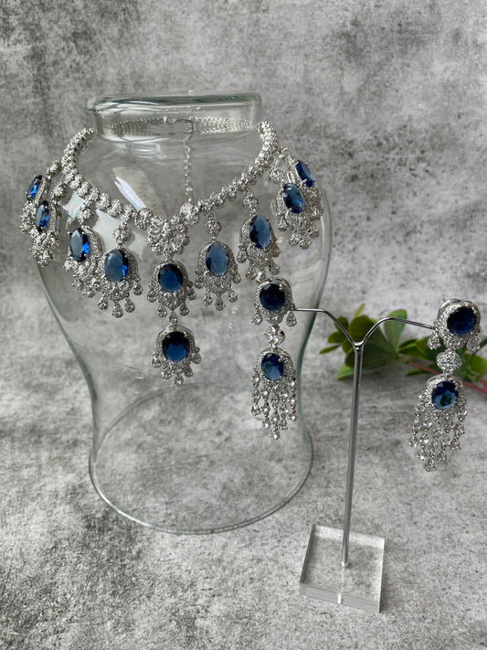 White Finish Blue Stone and Zircon Necklace Set