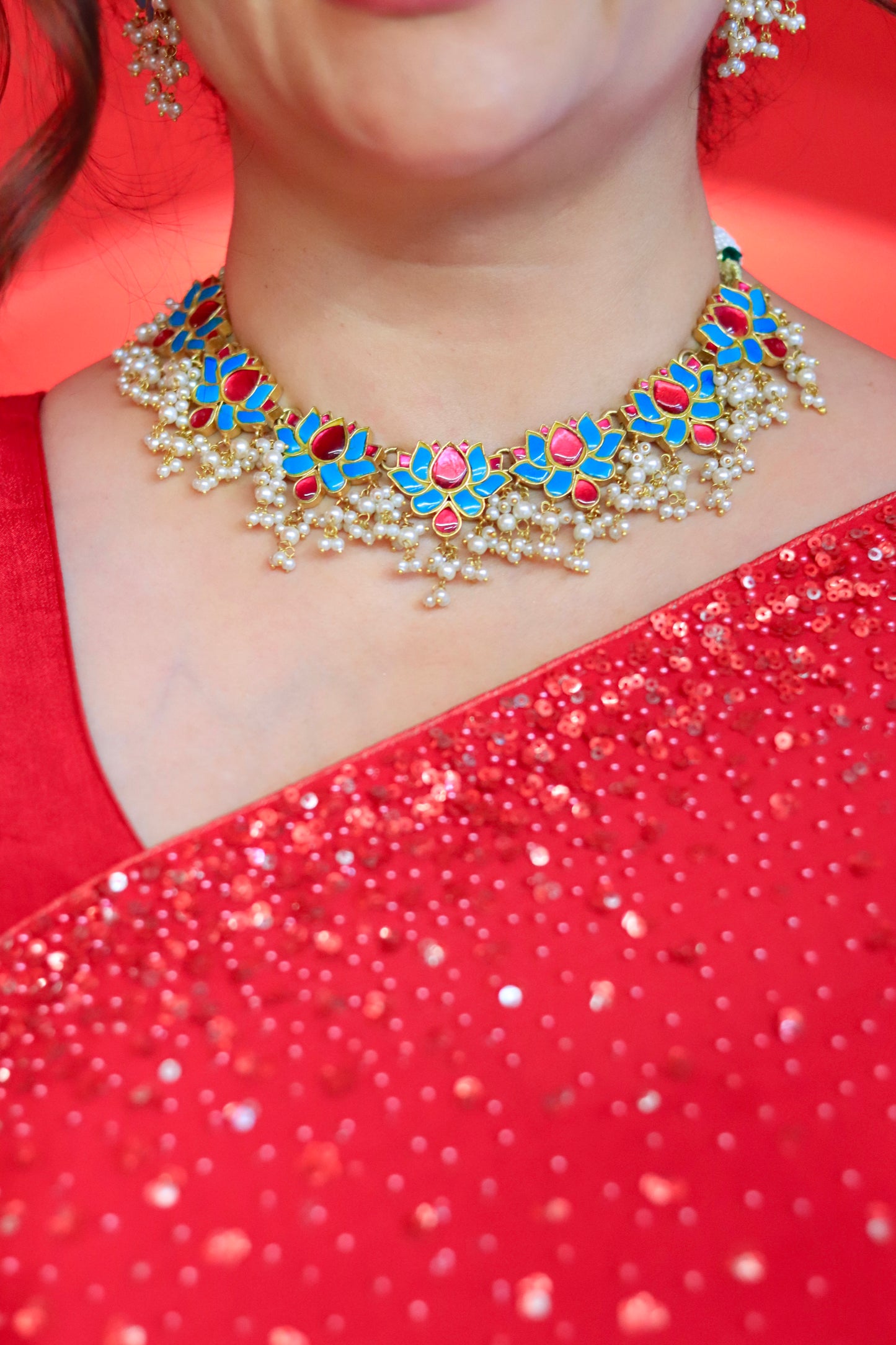 Faux Turquoise, Red Stone Accents and Pearl Necklace Set